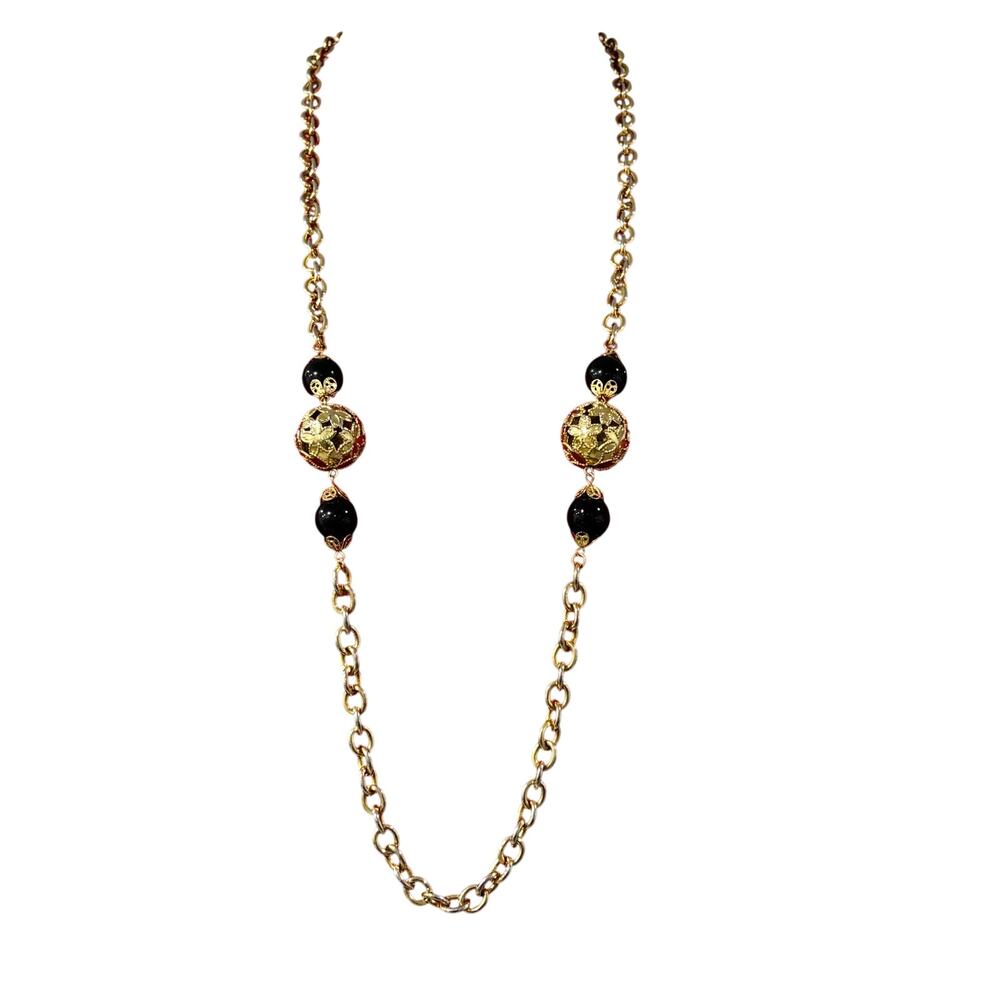 Vintage 60's fashion necklace single strand chain gold filigree & black beads
